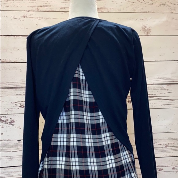 Navy blue v neck sweater w/flannel back - Picture 3 of 7